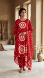 Morikabync Bandhani Pure Cotton A-line Kurta for Women With Attached Dupatta Red (NC0011)