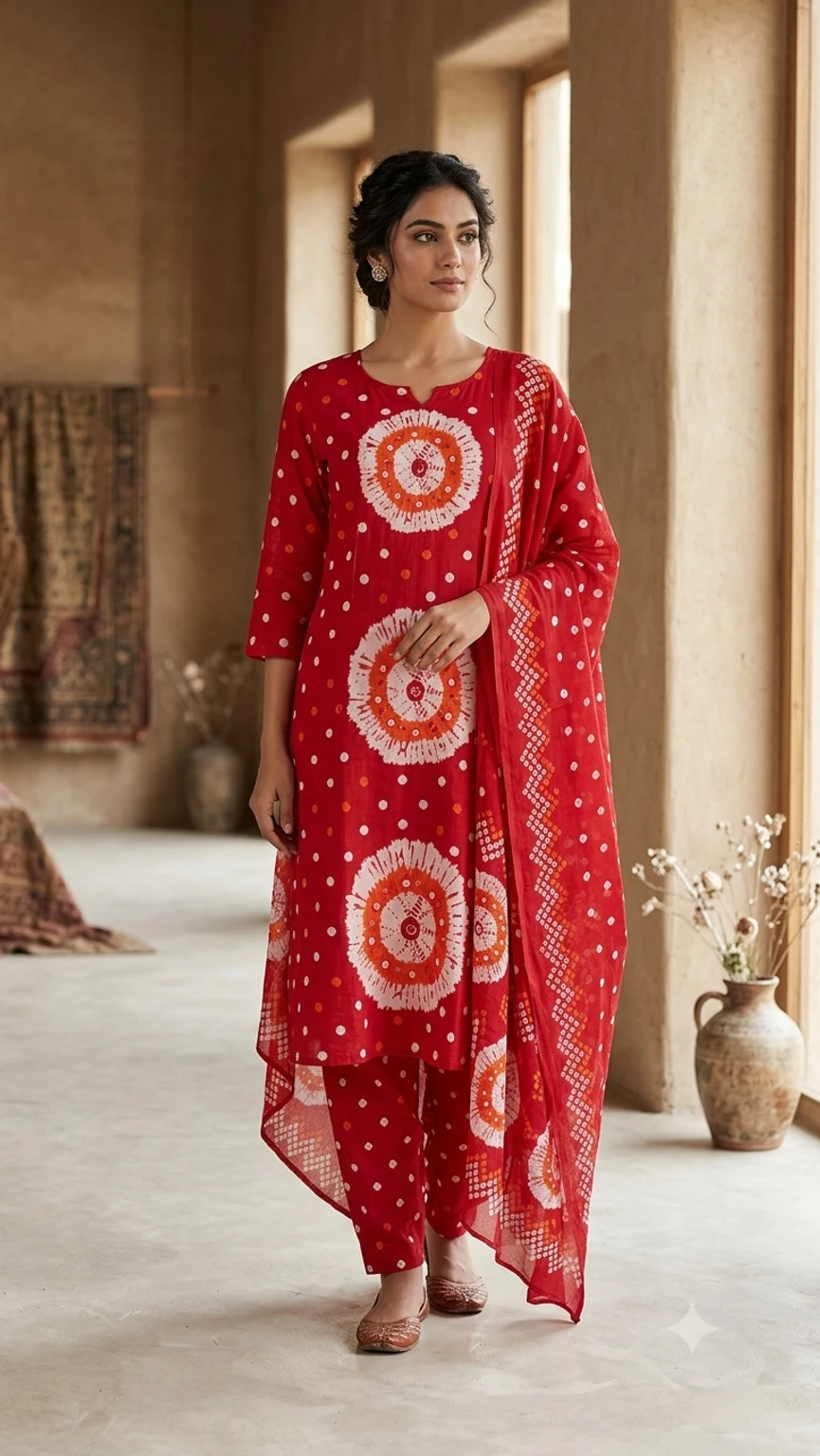 m-circular-bandhni-morikabync-original-imahpwxnkjbm4bxb Morikabync Bandhani Pure Cotton A-line Kurta for Women With Attached Dupatta Red (NC0011) - Image 1