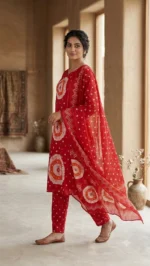 Morikabync Bandhani Pure Cotton A-line Kurta for Women With Attached Dupatta Red (NC0011) - Image 3