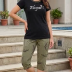 Nitya Collection Women Top & Capri Set Black, Dark Green Printed, Solid, Abstract (NC0009)