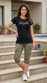 Nitya Collection Women Top & Capri Set Black, Dark Green Printed, Solid, Abstract (NC0009)